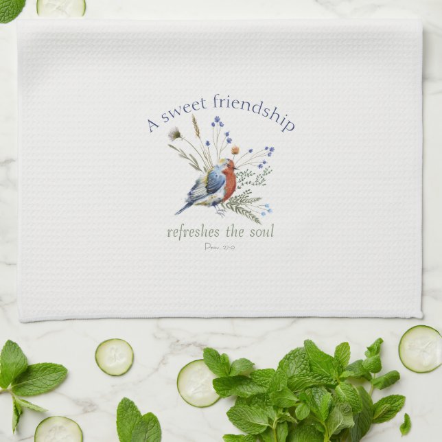 ‘A Sweet Friendship’ Bible Verse Watercolor Bird  Tea Towel (Folded)