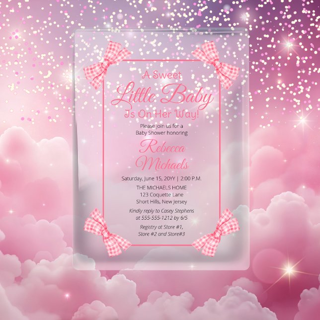 A Sweet Little Baby Pink Bows Girl Baby Shower Acrylic Invitations ("A Sweet Little Baby" Coquette Gingham Check Bows Girl Baby Shower Acrylic Invitations)