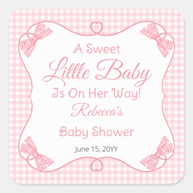 A Sweet Little Baby Pink Bows Girl Baby Shower Square Sticker (Front)