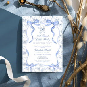 A Sweet Little Baby Toile Bear Blue Baby Shower Invitation