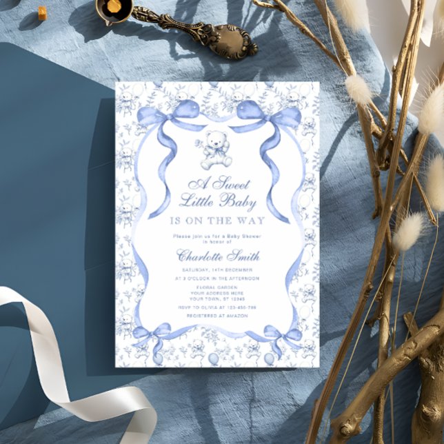 A Sweet Little Baby Toile Bear Blue Baby Shower Invitation (Creator Uploaded)
