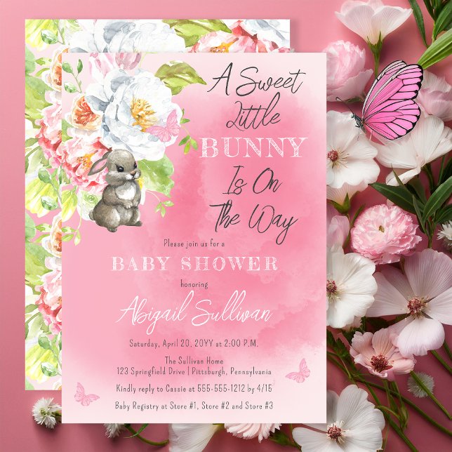 A Sweet Little Bunny Is On The Way Baby Shower Invitation ("A Sweet Little Bunny Is On The Way!" Pink Girl Baby Shower Invitation)
