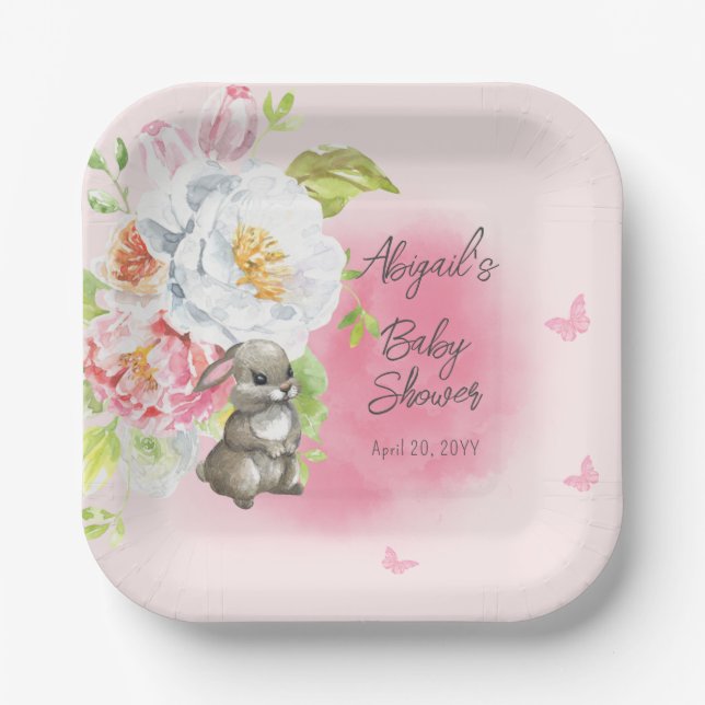A Sweet Little Bunny Pink Girl Baby Shower  Paper Plate (Front)