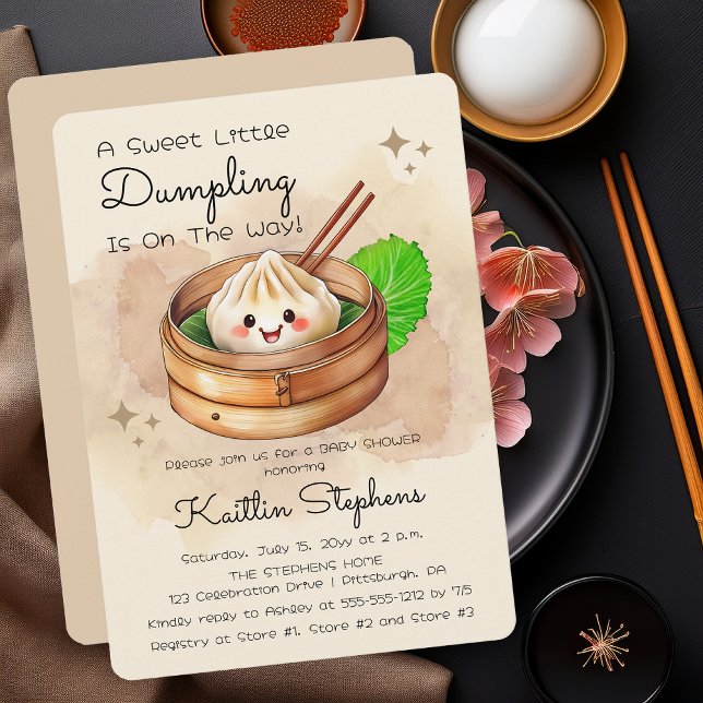 A Sweet Little Dumpling Kwai Theme Baby Shower Invitation ("A Sweet Little Dumpling Is On The Way!" Kwai Steamed Dumpling Baby Shower Invitation - Print | Digi)