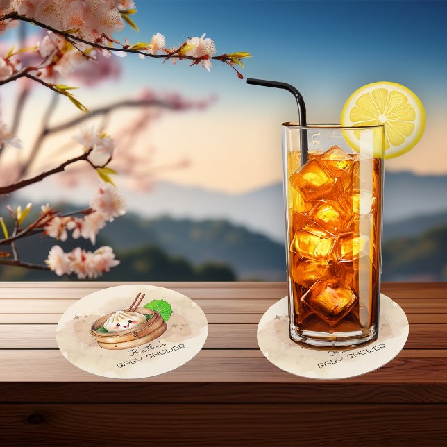 A Sweet Little Dumpling Kwai Theme Baby Shower Round Paper Coaster ("A Sweet Little Dumpling Is On The Way!" Kwai Steamed Dumpling Baby Shower Coasters)