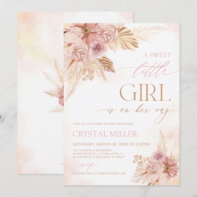 A Sweet Little Girl Boho Floral Baby Shower Invite (Front/Back)