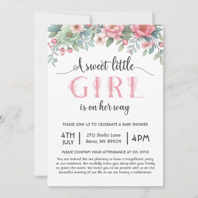 A Sweet Little Girl is On Her Way Baby Shower Invitation (Front)