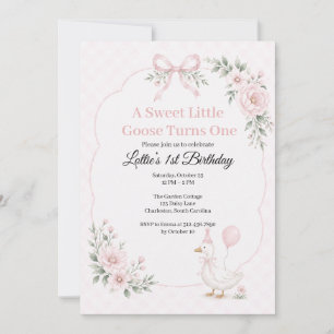 A Sweet Little Goose Pink Bow 1st Birthday Invitation