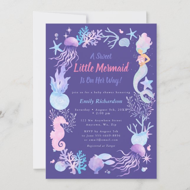 A Sweet Little Mermaid Purple Baby Girl Shower Invitation (Front)