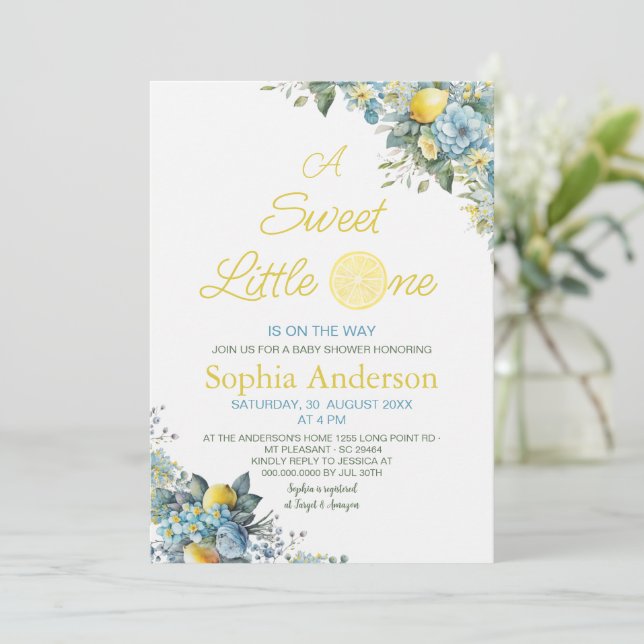 A Sweet Little One is on the way Limon Baby Shower Invitation (Standing Front)