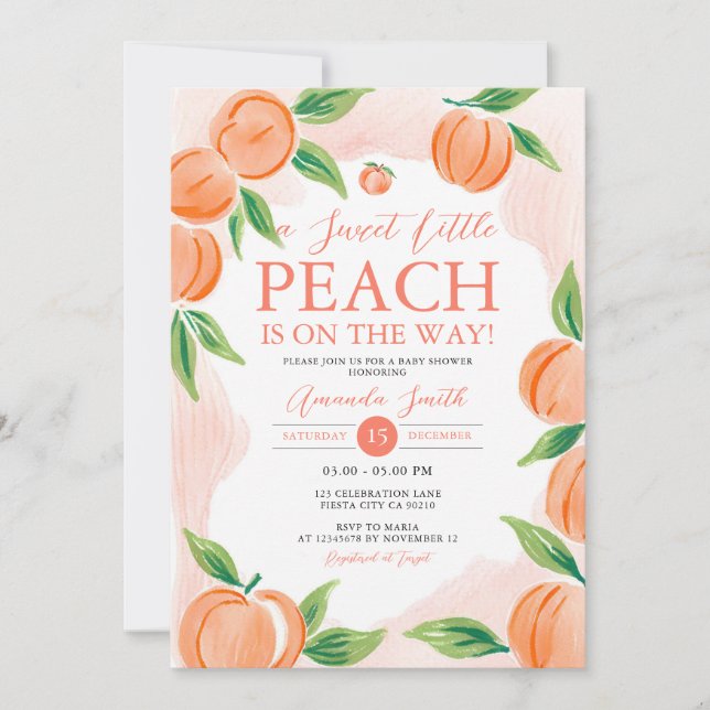 A Sweet Little Peach Baby Shower Greenery Floral Invitation (Front)