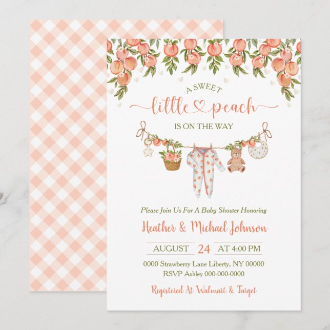 A Sweet Little Peach Clothesline Baby Shower Invitation (Front/Back)