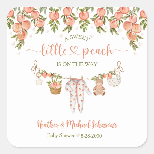 A Sweet Little Peach Clothesline Baby Shower Square Sticker (Front)