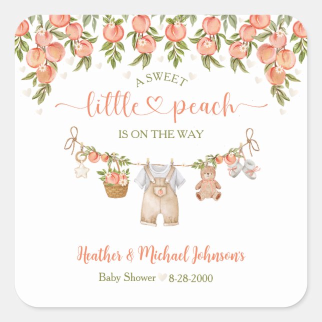 A Sweet Little Peach Clothesline Boy Baby Shower Square Sticker (Front)