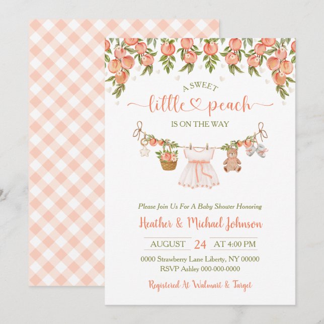 A Sweet Little Peach Clothesline Girl Baby Shower Invitation (Front/Back)