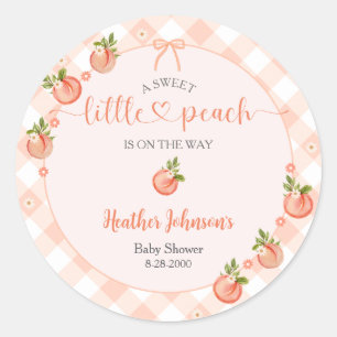 A Sweet Little Peach Gingham Baby Shower Classic Round Sticker