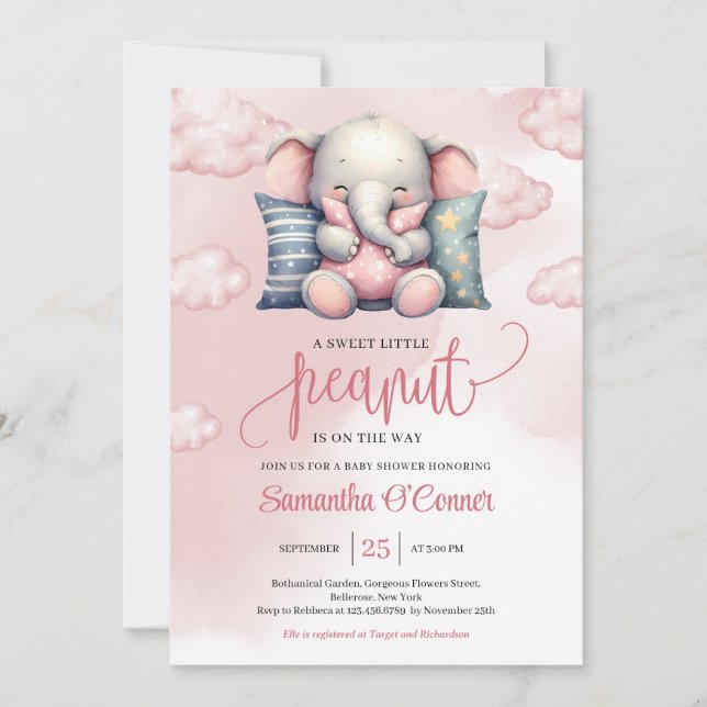 A sweet little peanut cute elephant on cloud invitation (Front)