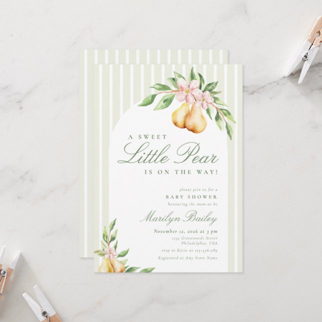 A Sweet Little Pear Baby Shower Arch Invitation (Front/Back In Situ)
