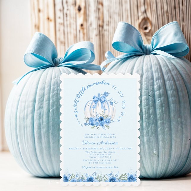 A Sweet Little Pumpkin Bow Blue Baby Shower Invitation (Creator Uploaded)
