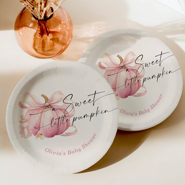 A Sweet Little Pumpkin Pink Bow Baby Shower Paper Plate (Creator Uploaded)