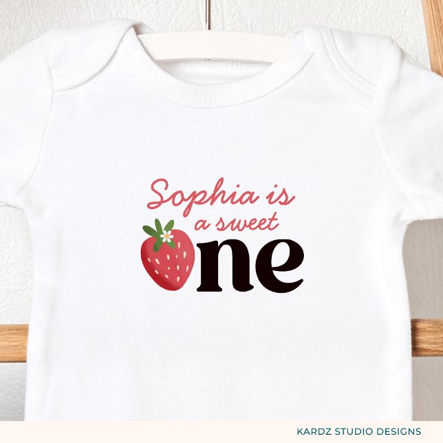 A Sweet One Strawberry Girl 1st Birthday Baby Bodysuit (Personalize this cute bodysuit for your baby girl's 1st birthday.)