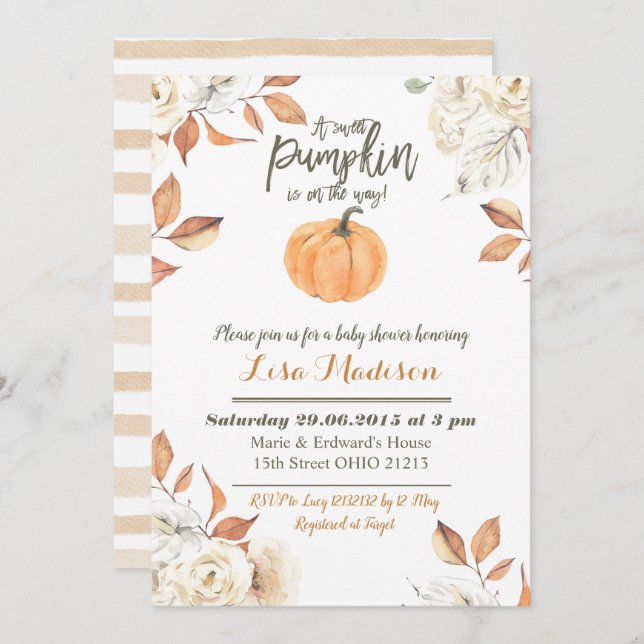 A sweet  Pumpkin is on the way baby shower invite (Front/Back)