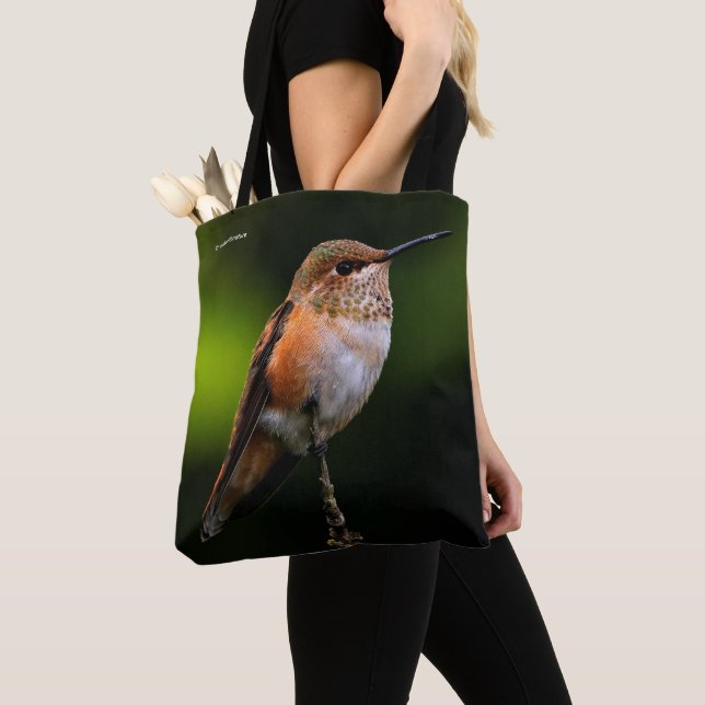 A Sweet Rufous Hummingbird Poses on the Fruit Tree Tote Bag (Close Up)