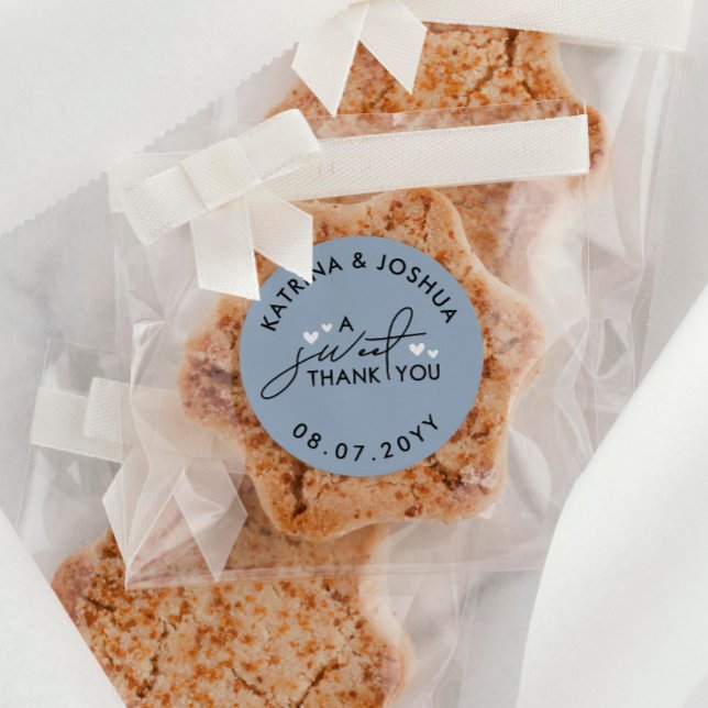 A Sweet Thank You Ash Blue Hearts Wedding Favour Classic Round Sticker (Creator Uploaded)