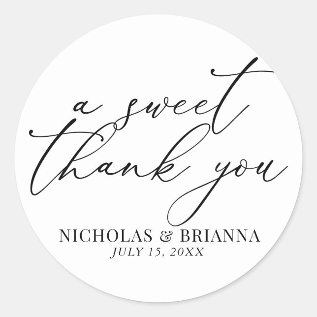 A Sweet Thank You Black and White Classic Wedding Classic Round Sticker (Front)