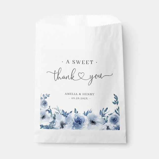 A Sweet Thank You | Boho Dusty Blue Floral Wedding Favour Bags (Front)