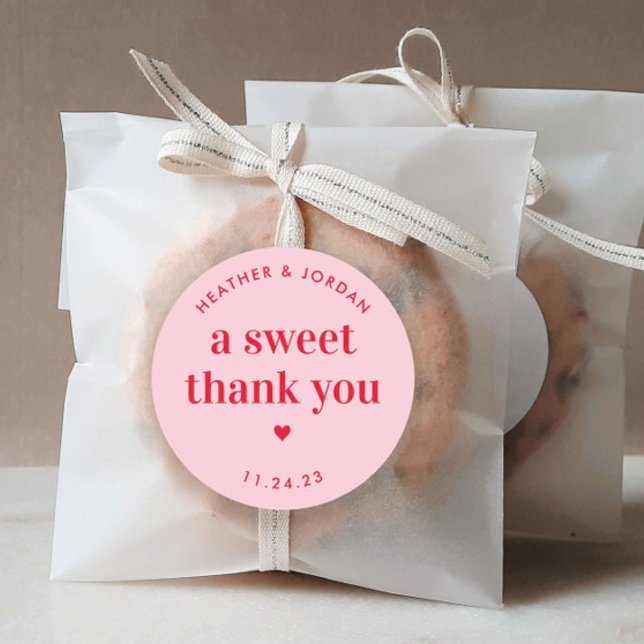 A Sweet Thank You Pink and Red Retro Wedding Favou Classic Round Sticker (Creator Uploaded)
