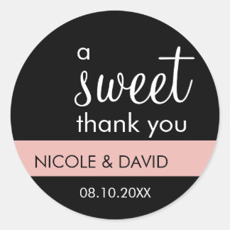 A sweet thank you pink black custom wedding favour classic round sticker