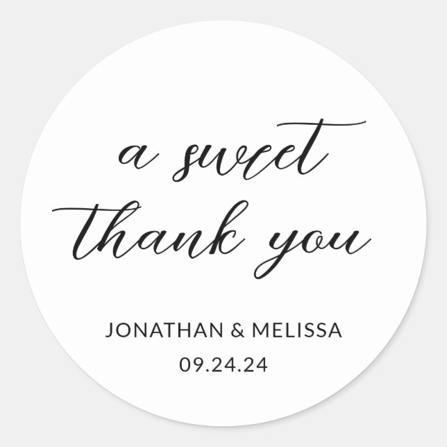 A Sweet Thank You Script White Wedding Favour Classic Round Sticker (Front)