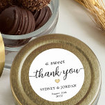 A Sweet Thank You Simple Script Wedding Favour Classic Round Sticker<br><div class="desc">Add an elegant personalised touch to wedding reception or bridal shower party favours with "a sweet thank you" custom round stickers. All wording on this template is simple to customise for treat bag seals or gift tags. The modern black and white design features a gold faux foil heart, chic trendy...</div>