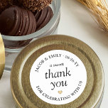 A Sweet Thank You Simple Typography Wedding Favour Classic Round Sticker<br><div class="desc">Add an elegant personalised touch to wedding reception or bridal shower party favours with "a sweet thank you" custom round stickers. All wording on this template is simple to customise for treat bag seals or gift tags. The modern minimalist black and white design features a gold faux foil heart and...</div>