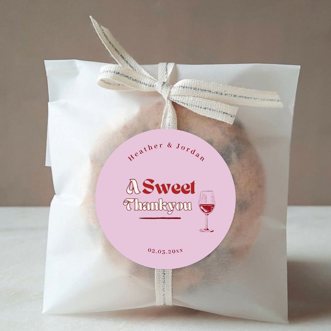 A Sweet ThankYou Pink red wine Retro Wedding Favou Classic Round Sticker (Creator Uploaded)