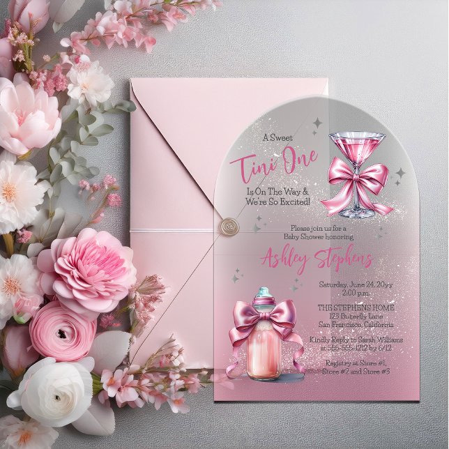 A Sweet Tini One Pink Coquette Girl Baby Shower Acrylic Invitations ("A Sweet Tini One Is On the Way . . ." Coquette Bows Martini |Bottle Girl Baby Shower Acrylic Invite)