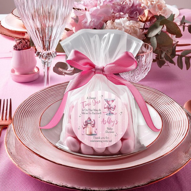 A Sweet Tini One Pink Coquette Girl Baby Shower Classic Round Sticker ("A Sweet Tini One Is On the Way . . ." Coquette Bows Martini | Bottle Girl Baby Shower Favor Sticker)