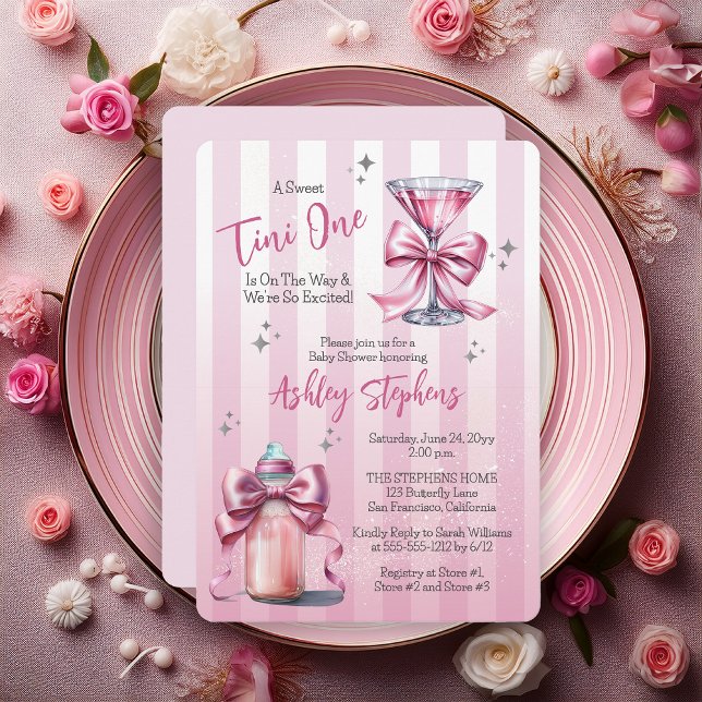 A Sweet Tini One Pink Coquette Girl Baby Shower Invitation ("A Sweet Tini One Is On the Way . . ." Coquette Bows Martini | Bottle Girl Baby Shower Invitation)