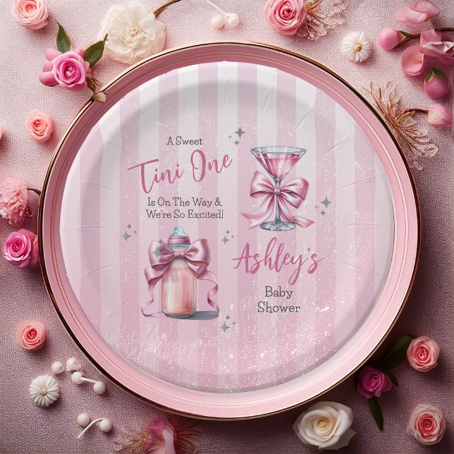 A Sweet Tini One Pink Coquette Girl Baby Shower Paper Plate ("A Sweet Tini One Is On the Way . . ." Coquette Bows Martini | Bottle Girl Baby Shower Paper Plates)