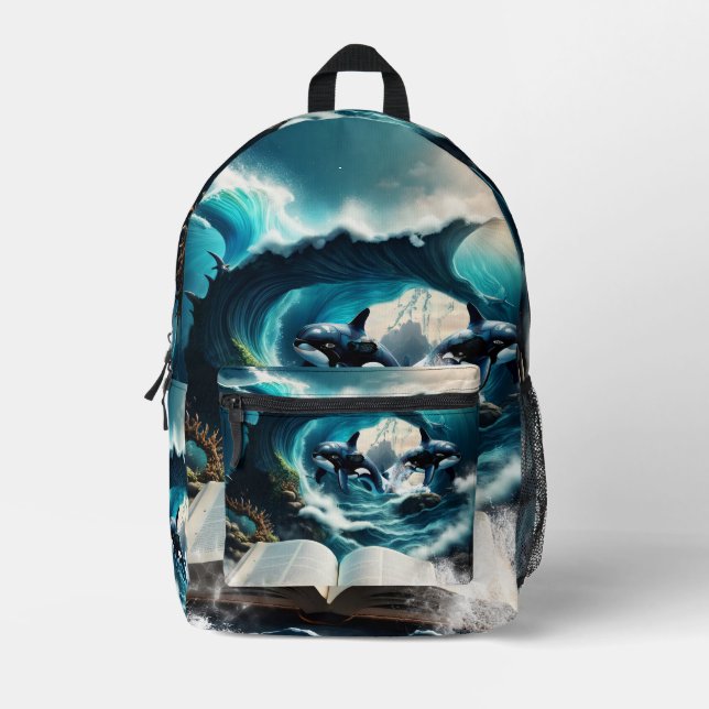 A Swimming steampunk Orca in the wave. Printed Backpack (Front)