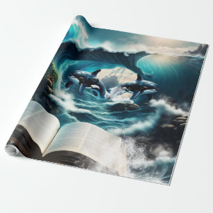 A Swimming steampunk Orca in the wave. Wrapping Paper
