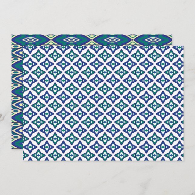 A symmetrical blue and white rug with intricate mo thank you card (Front/Back)
