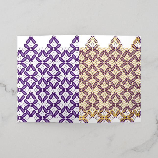 A symmetrical pattern featuring white and purple m foil greeting card (Outside Laydown)