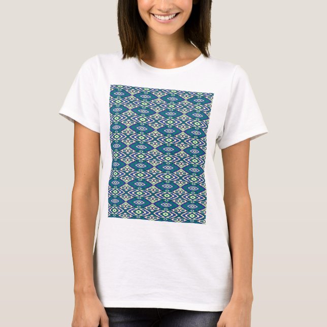 A symmetrical pattern of blue motifs on a textile  T-Shirt (Front)