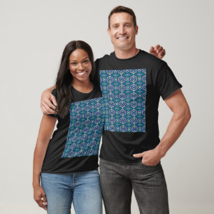 A symmetrical pattern of blue motifs on a textile  T-Shirt