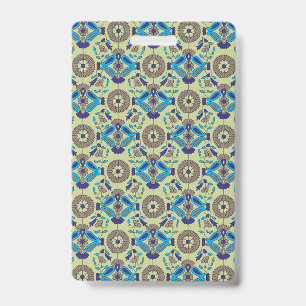 A symmetrical textile design featuring blue and or ID badge