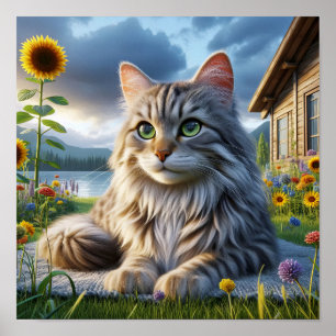 A Tabby Cat Resting in a Tranquil Countryside Poster