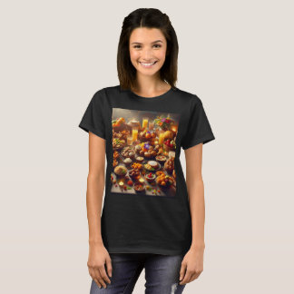 a table full of food including fruit and a glass T-Shirt