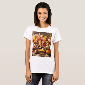 a table full of food including fruit and flower T-Shirt